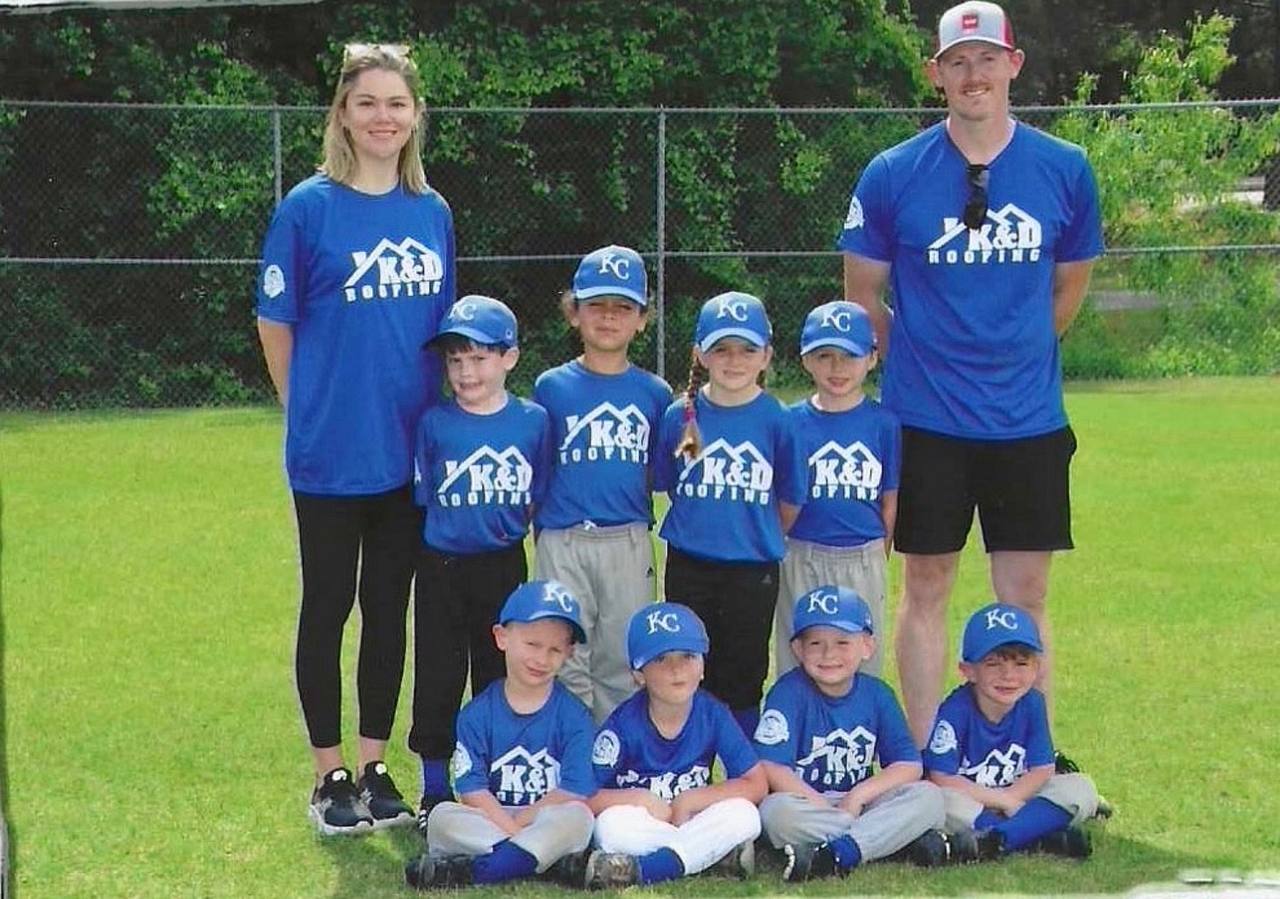Todd and Kalie coaching the K&D Roofing-sponsored T-ball team